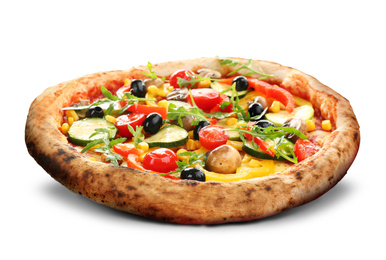 Hot tasty vegetable pizza on white background. Image for menu or poster