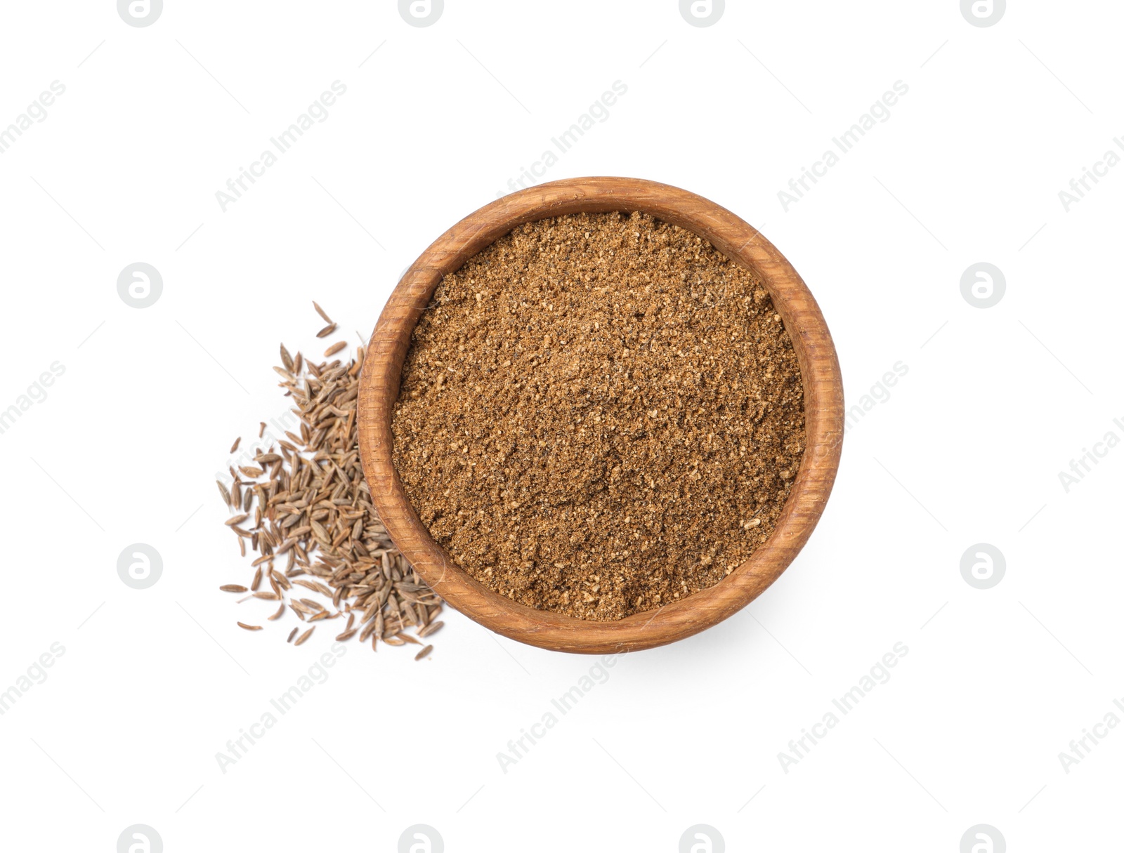 Photo of Aromatic caraway (Persian cumin) seeds and bowl of powder isolated on white, top view