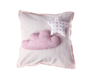 Soft decorative pillows on white background