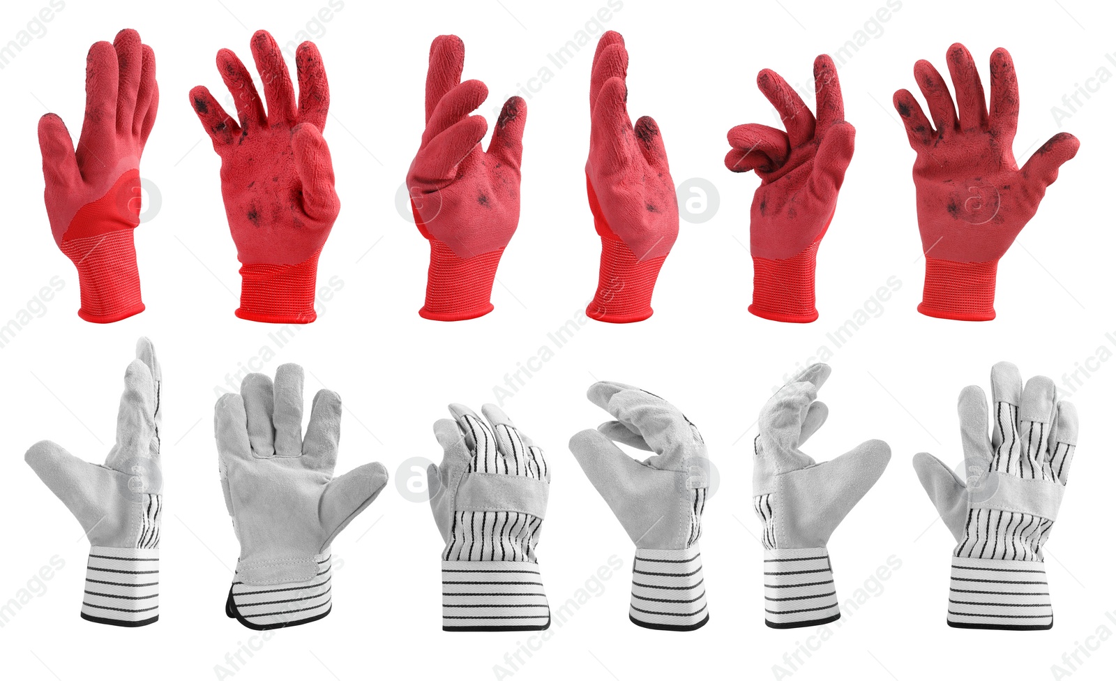 Image of Different gardening gloves isolated on white, set