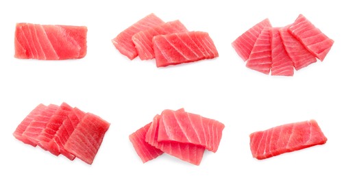 Image of Collage with fresh tuna sashimi isolated on white