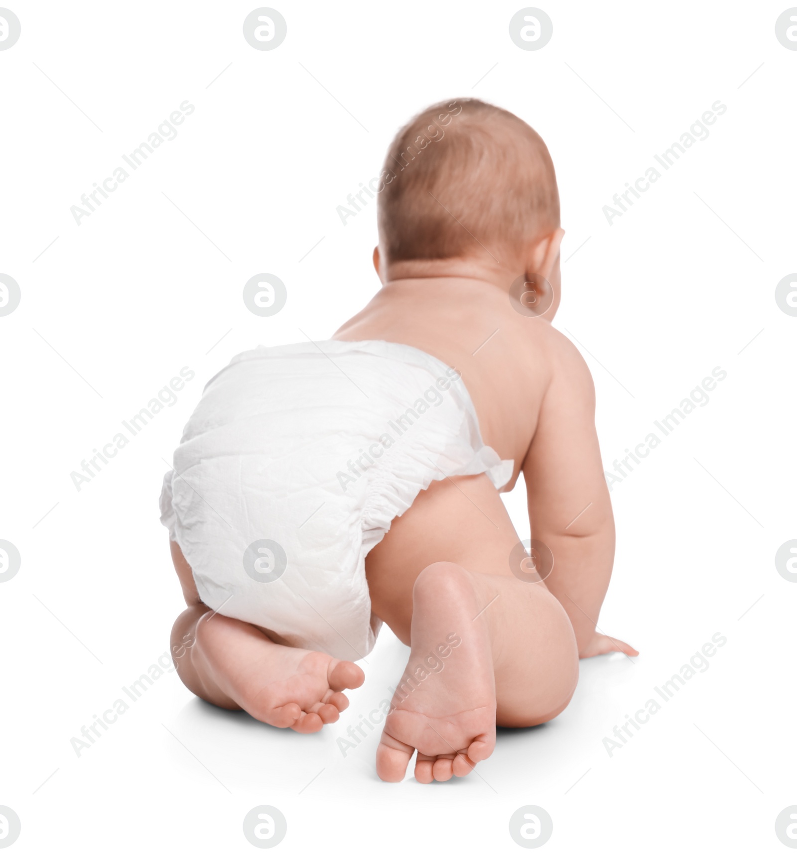 Photo of Cute little baby in diaper crawling on white background, back view