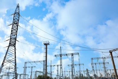 Modern electrical substation on sunny day, low angle view