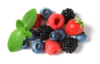 Photo of Raspberries and different berries on white background