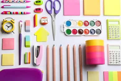 School stationery on white background, flat lay. Back to school