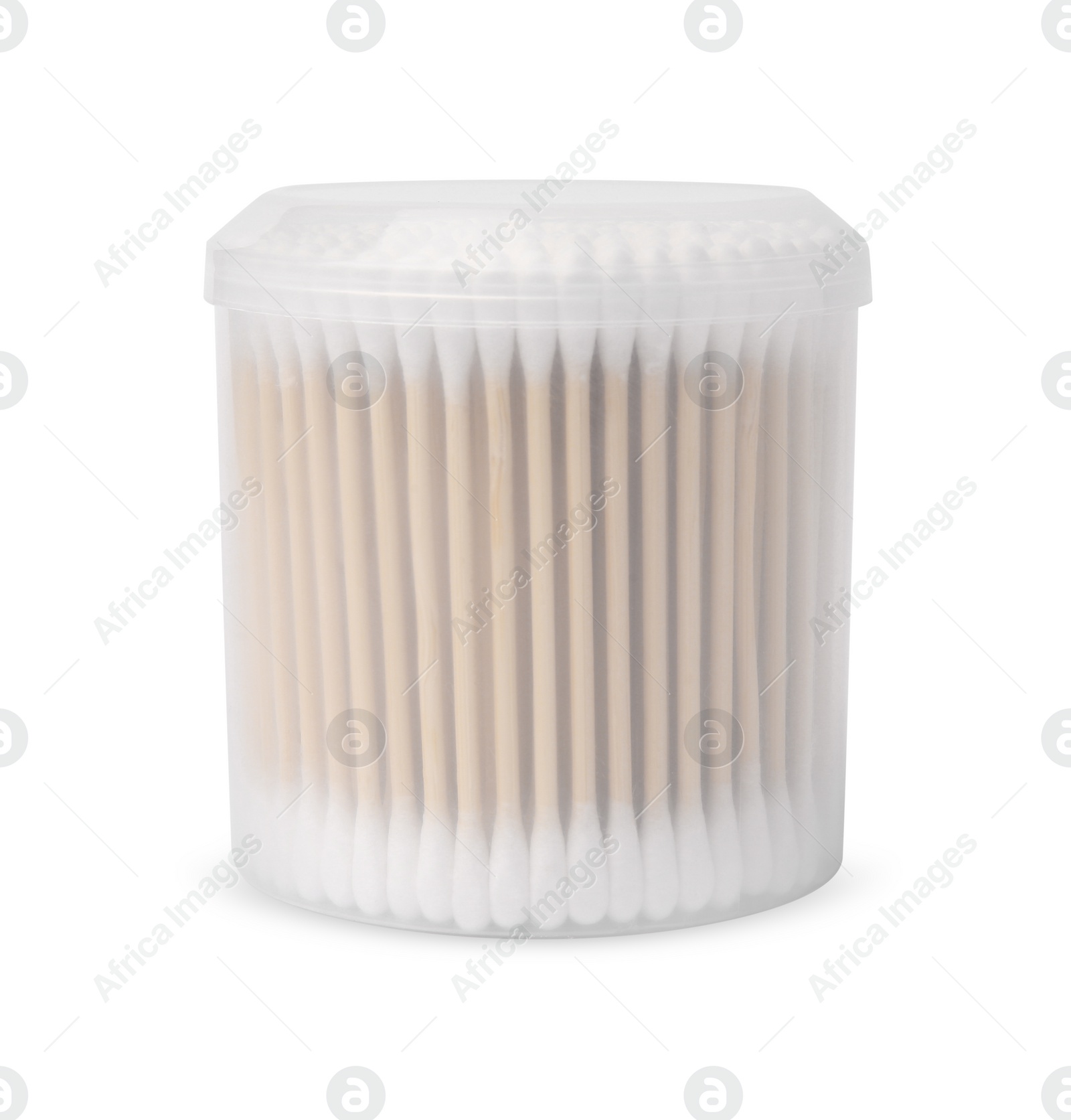 Photo of Cotton buds in plastic container isolated on white