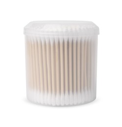 Photo of Cotton buds in plastic container isolated on white