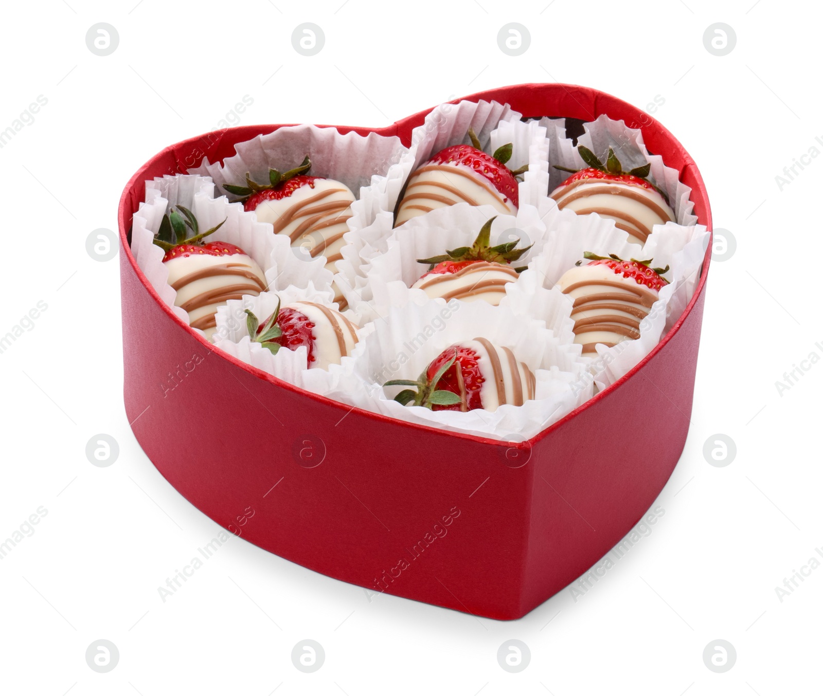 Photo of Heart shaped box with delicious chocolate covered strawberries isolated on white