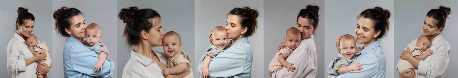 Collage with photos beautiful mother and her cute baby on light grey background. Banner design