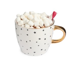 Photo of Cup of delicious hot chocolate with marshmallows and candy cane isolated on white