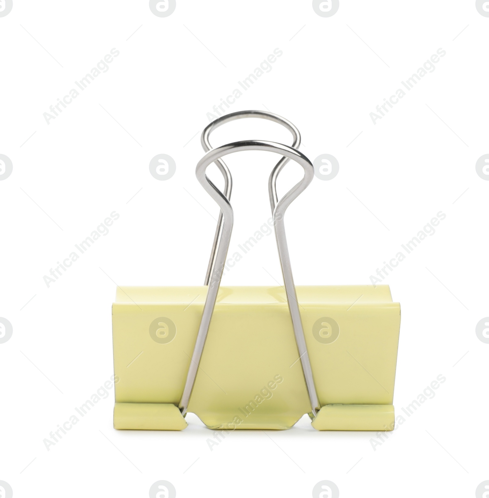 Photo of Yellow binder clip isolated on white. Stationery item