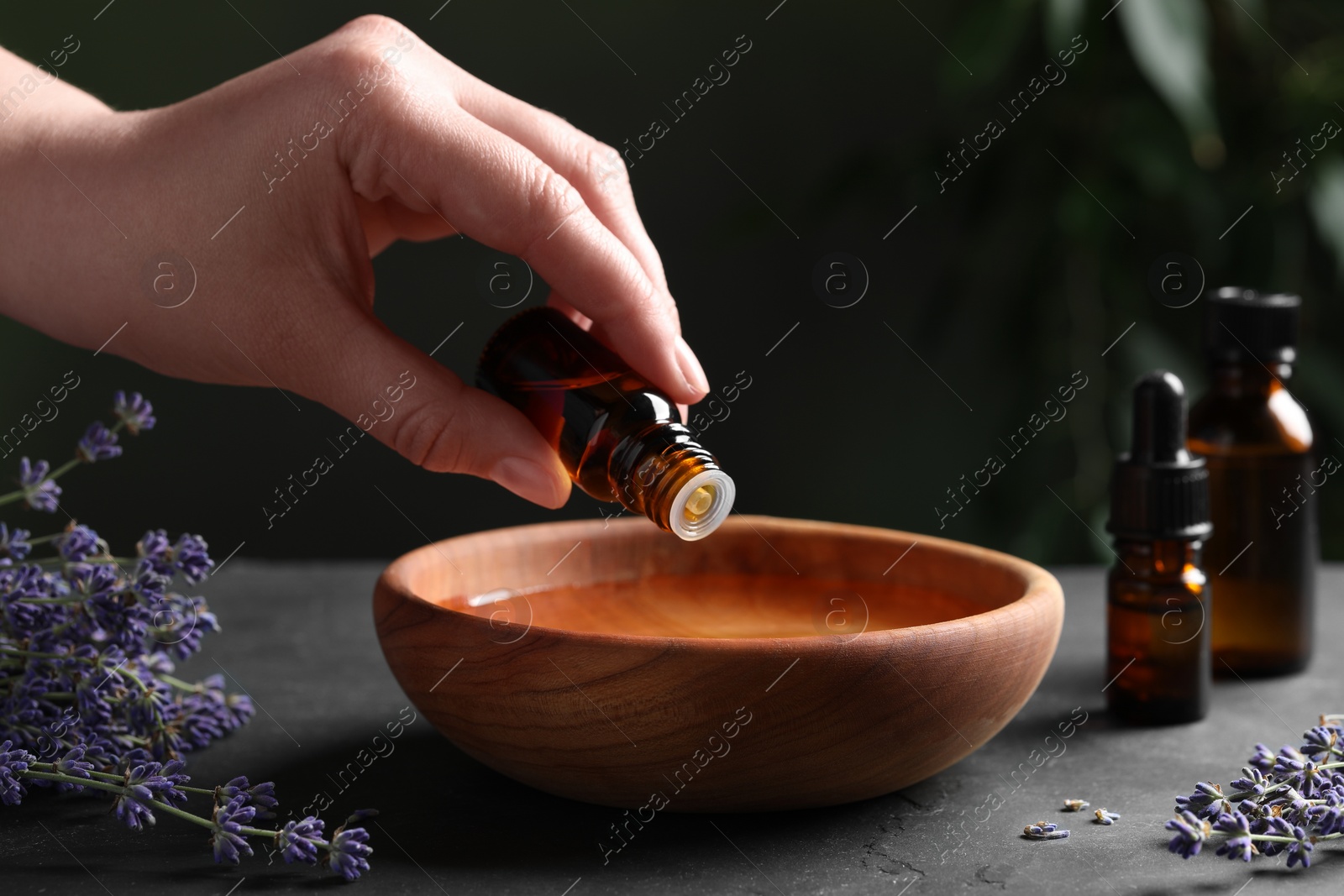 Photo of Woman dripping essential oil from bottle into bowl near lavender at grey table, closeup