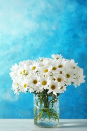 Vase with beautiful chamomile flowers on table against color background