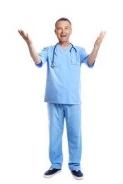 Photo of Full length portrait of experienced doctor in uniform on white background. Medical service