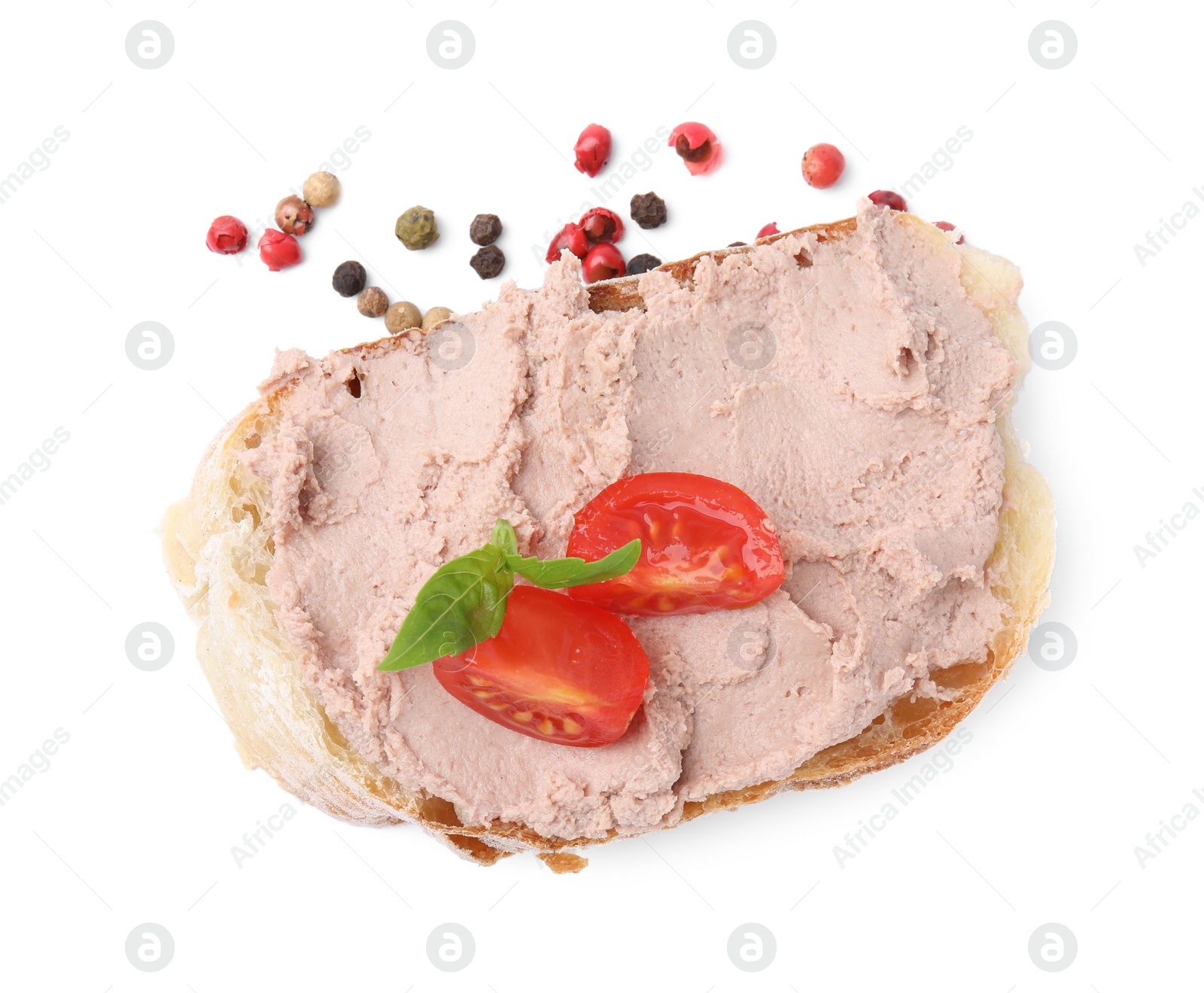 Photo of Delicious liverwurst sandwich with tomatoes and basil on white background, top view