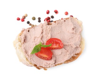 Delicious liverwurst sandwich with tomatoes and basil on white background, top view
