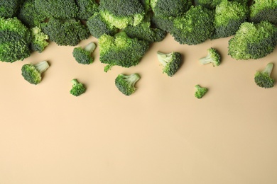 Photo of Flat lay composition with fresh green broccoli on color background. Space for text