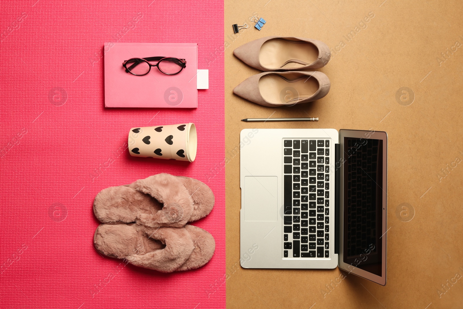 Photo of Flat lay composition with business items and home accessories on color background. Concept of balance between work and life