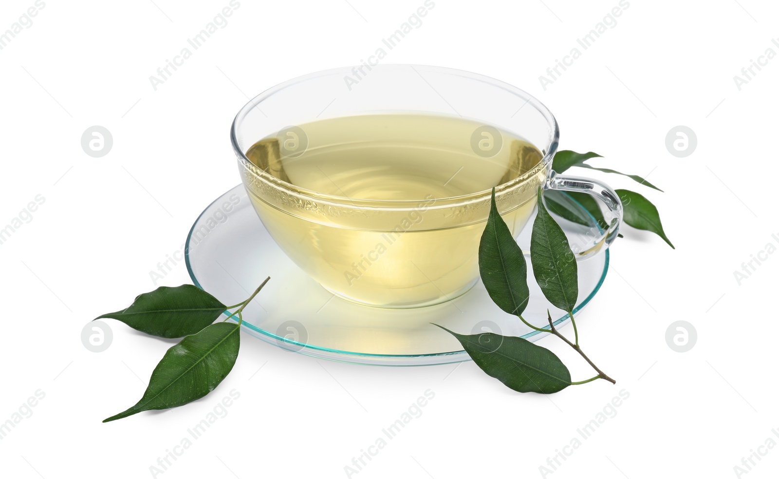 Photo of Refreshing green tea in cup and leaves isolated on white