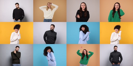 Image of People in warm sweaters on color backgrounds, set of photos