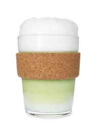 Photo of Glass cup of fresh matcha latte isolated on white