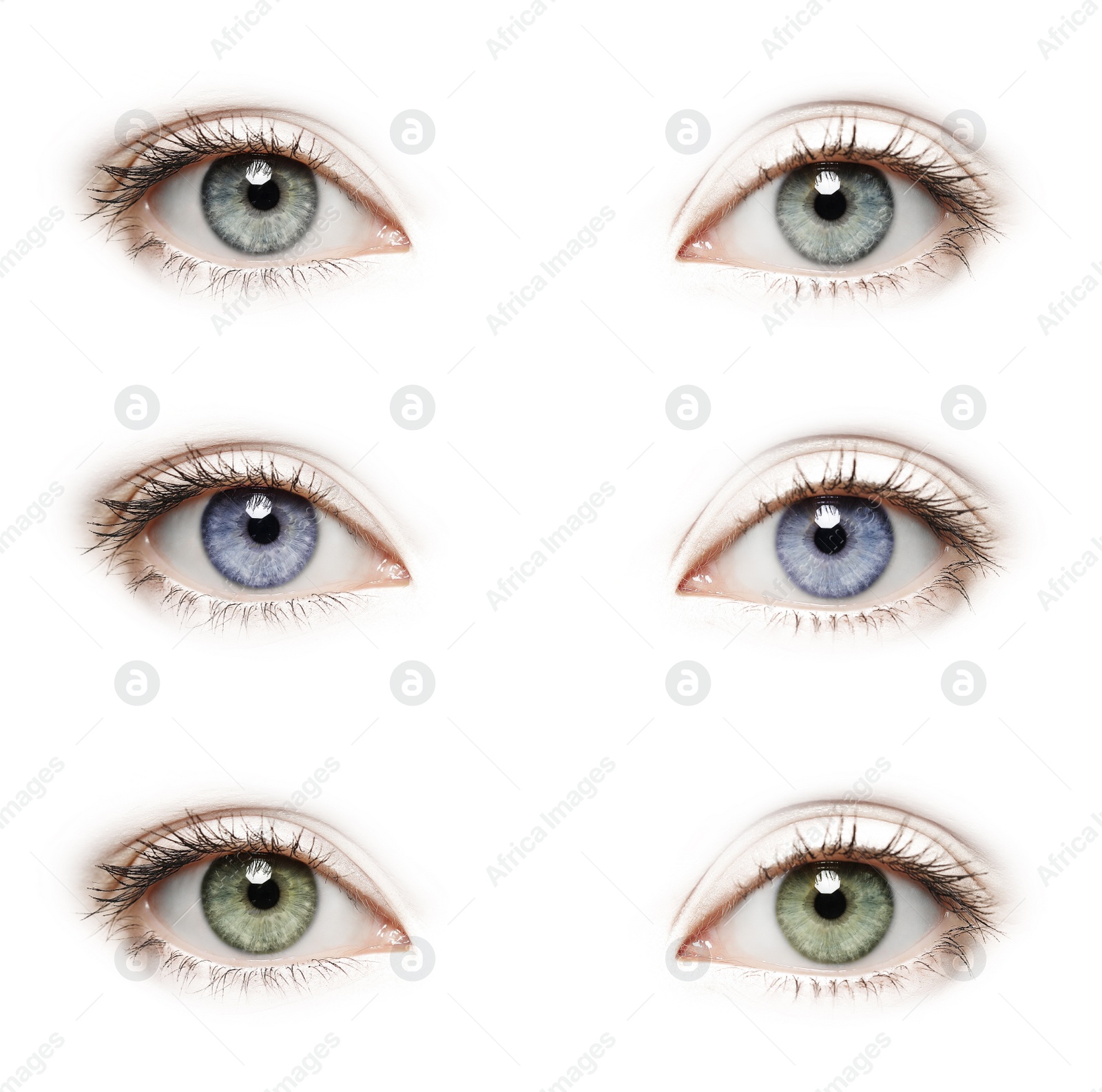 Image of Beautiful human eyes isolated on white, closeup. Collage