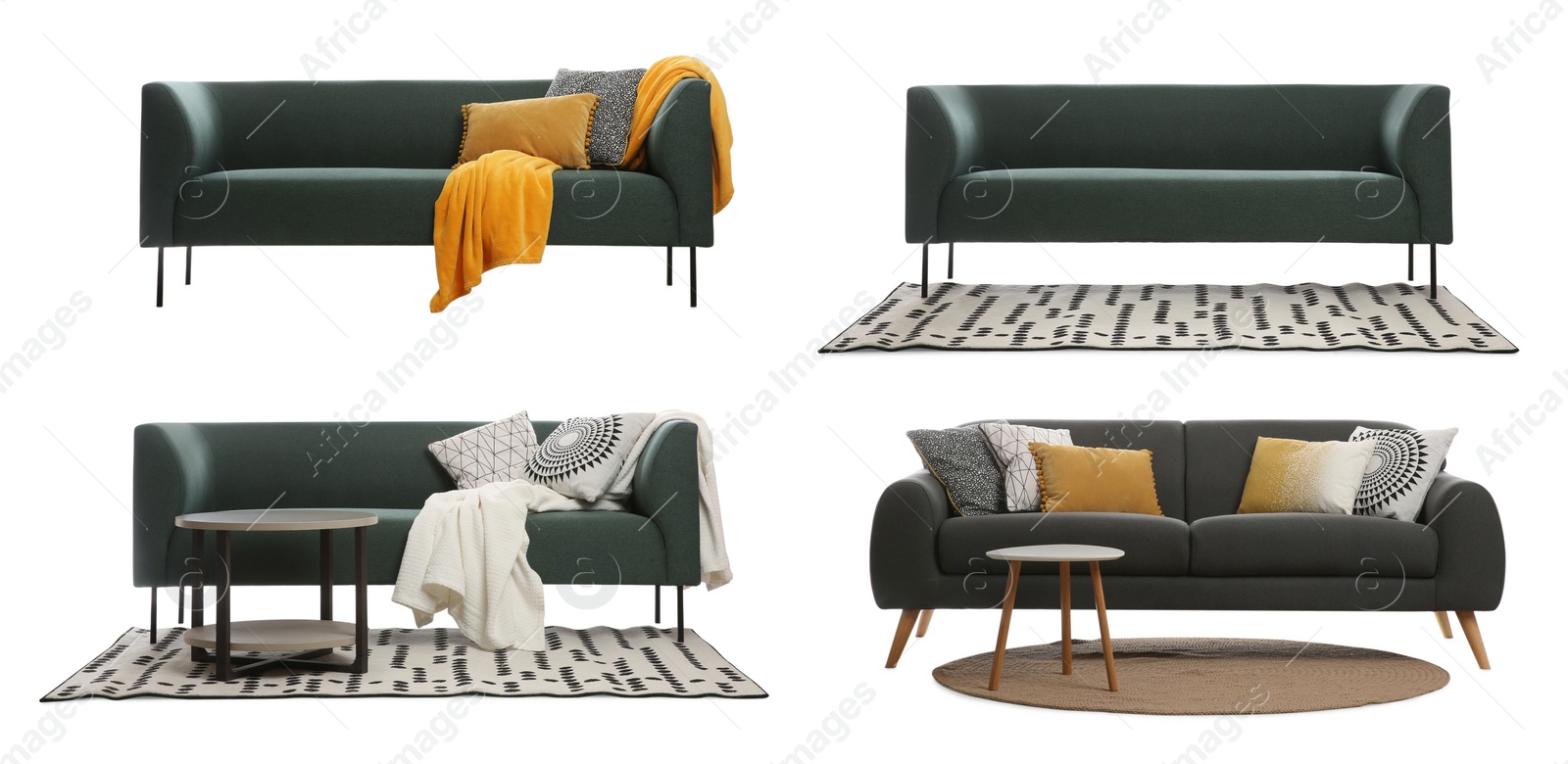 Image of Set with different stylish sofas on white background. Banner design