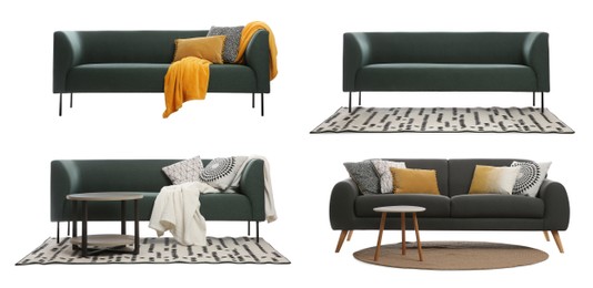 Image of Set with different stylish sofas on white background. Banner design