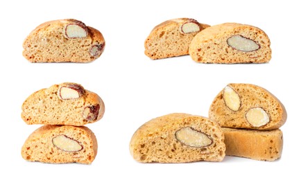 Image of Set with different tasty cantucci on white background. Traditional Italian almond biscuits