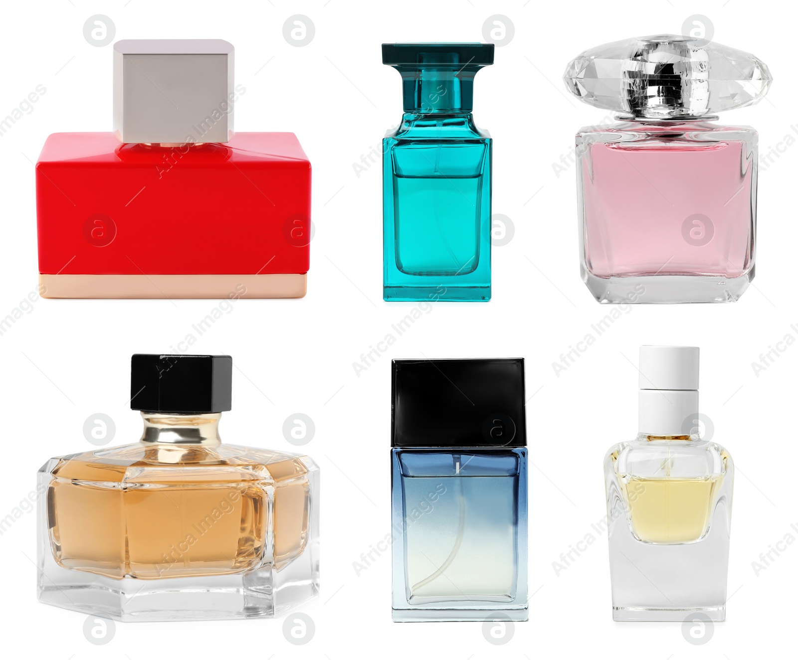 Image of Set with different bottles of perfume on white background