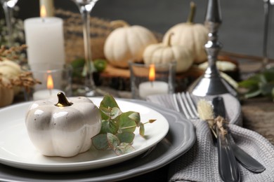 Beautiful autumn place setting and decor on table, closeup