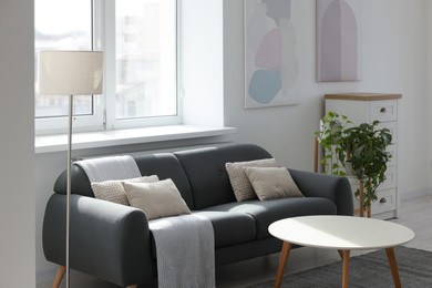 Photo of Gray couch with pillows, white coffee table and lamp in living room