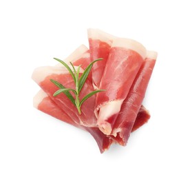 Photo of Slices of delicious jamon with rosemary on white background, top view