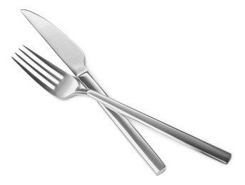 New shiny knife and fork isolated on white