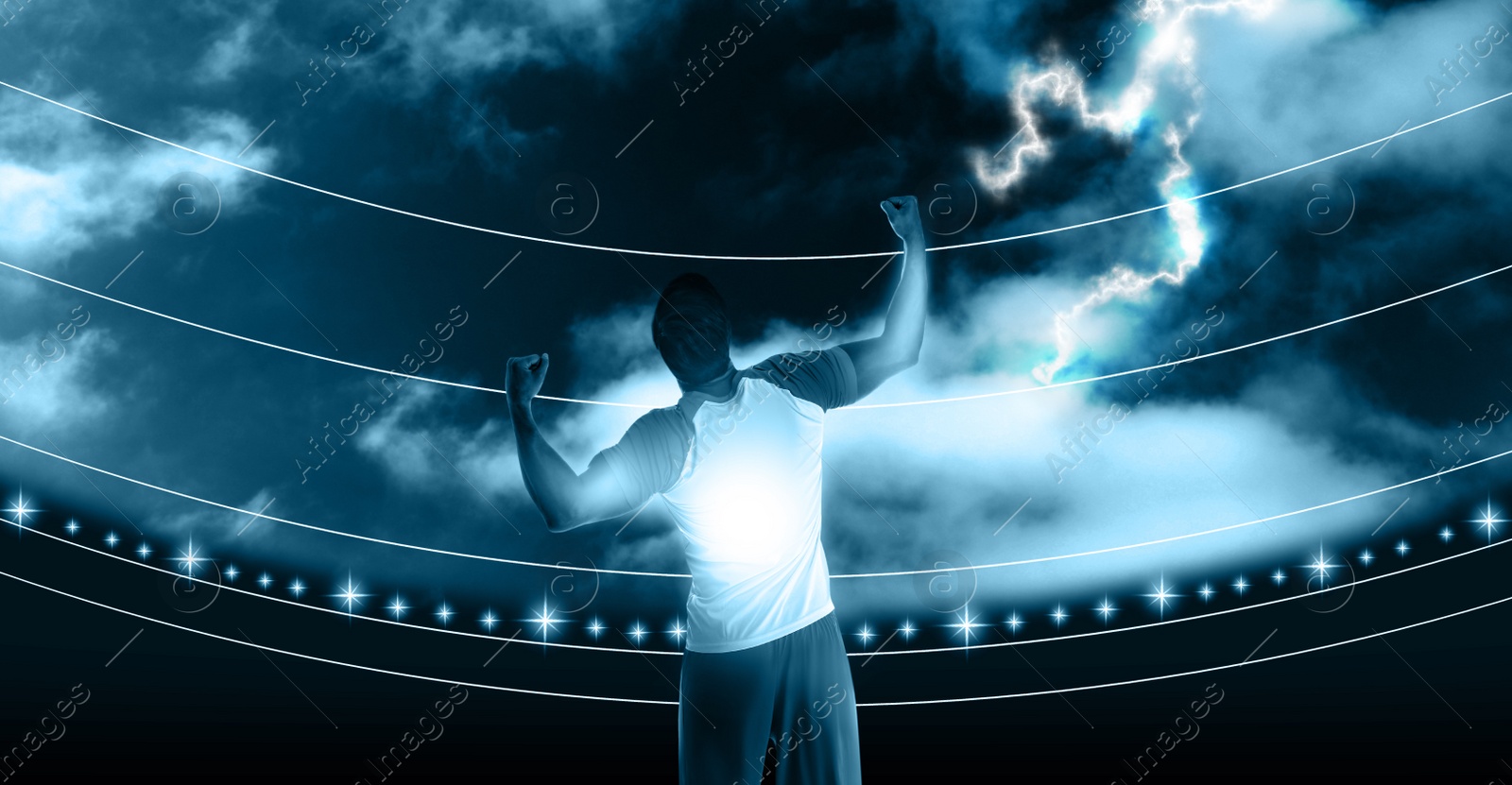 Image of Shot of football player in action. Creative banner design
