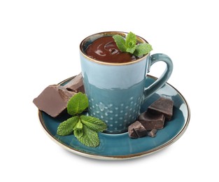 Cup of delicious hot chocolate with chunks and fresh mint on white background
