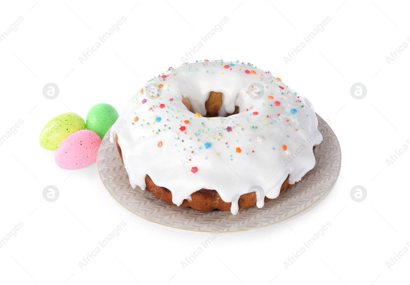 Photo of Easter cake with sprinkles and painted eggs isolated on white