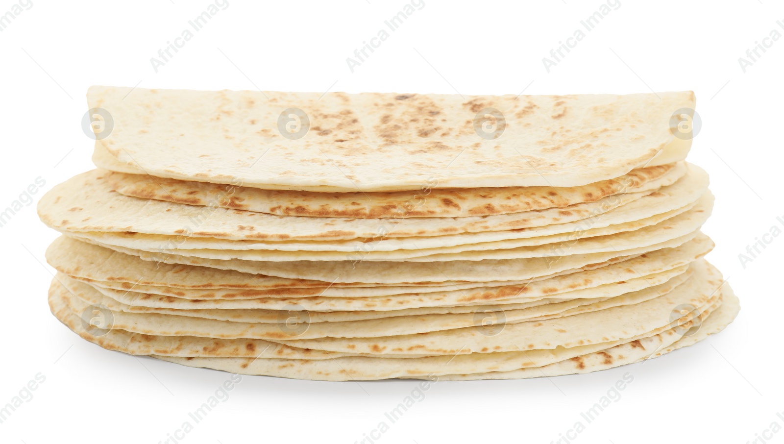 Photo of Many tasty homemade tortillas isolated on white