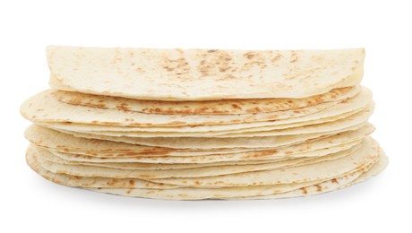 Photo of Many tasty homemade tortillas isolated on white
