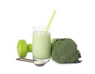 Photo of Tasty shake, broccoli, dumbbell and powder isolated on white. Weight loss