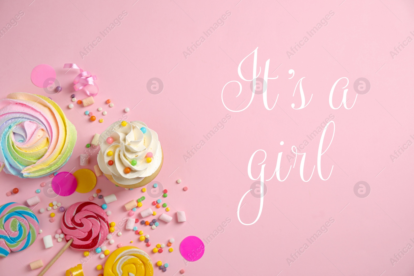 Image of Flat lay composition with baby shower cupcakes for girl on pink background