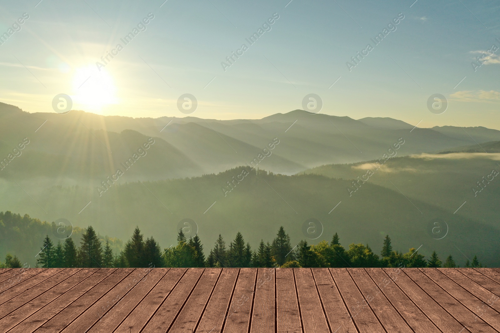 Image of Empty wooden surface and beautiful view of mountain landscape with forest