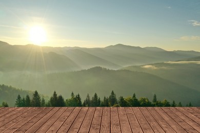 Image of Empty wooden surface and beautiful view of mountain landscape with forest