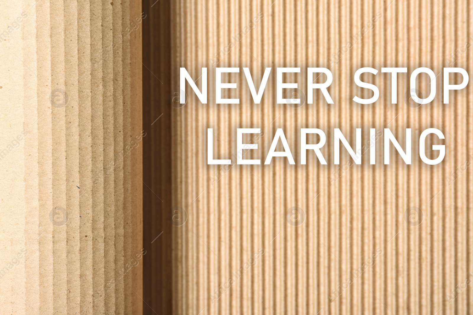 Image of Phrase NEVER STOP LEARNING on corrugated cardboard, top view