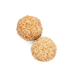 Delicious sesame balls on white background, top view