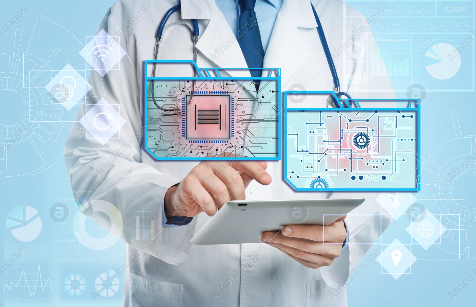 Image of Double exposure of doctor using tablet and machine learning model 
