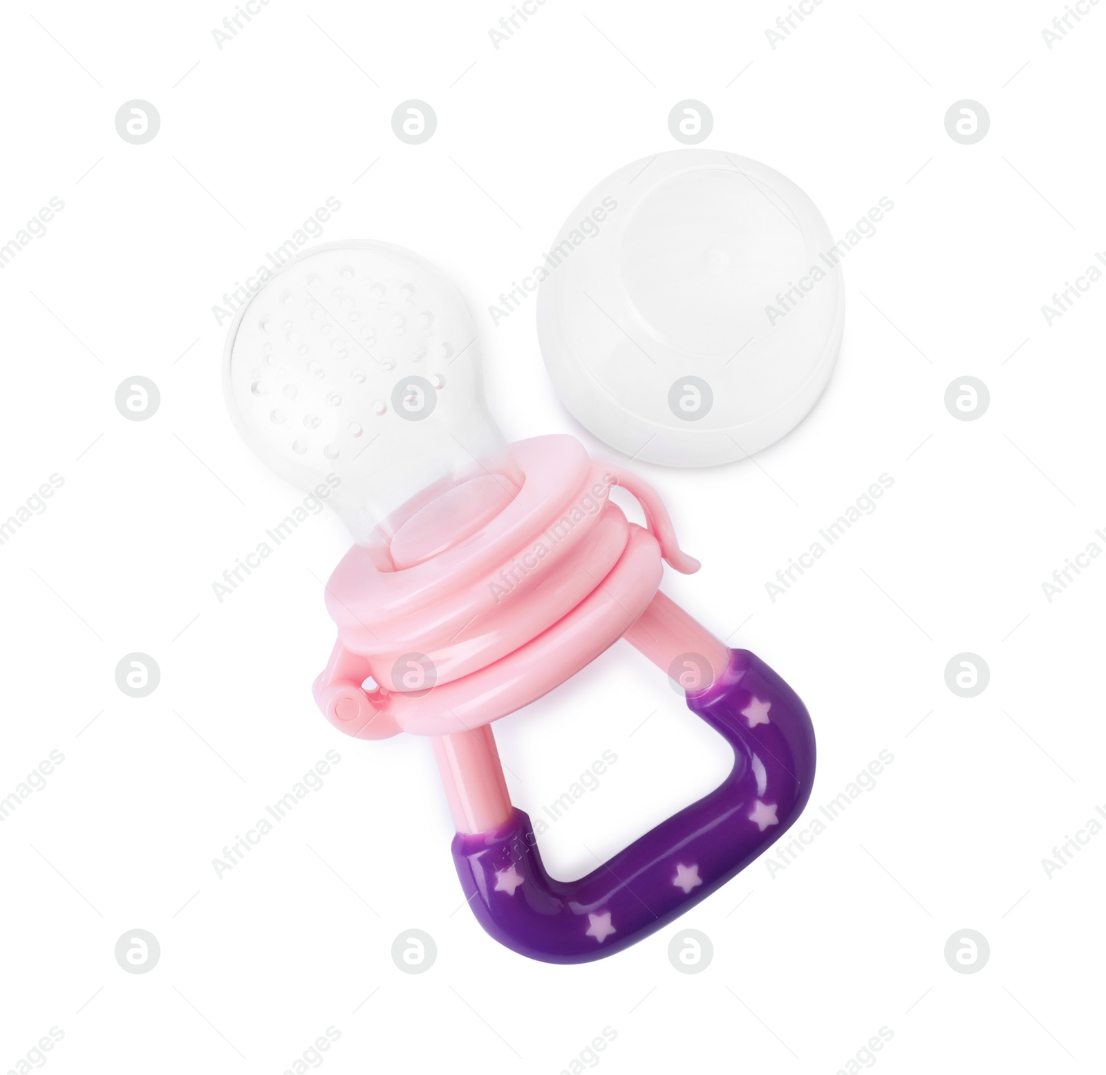 Photo of Empty nibbler on white background, top view. Baby feeder