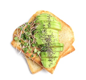 Tasty toasts with avocado, sprouts and chia seeds on white background, top view