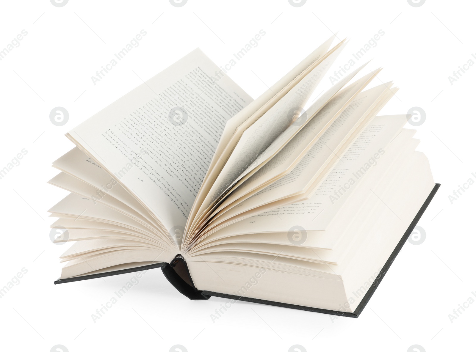 Photo of Open black hardcover book isolated on white