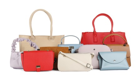 Photo of Collection of stylish women's bags on white background